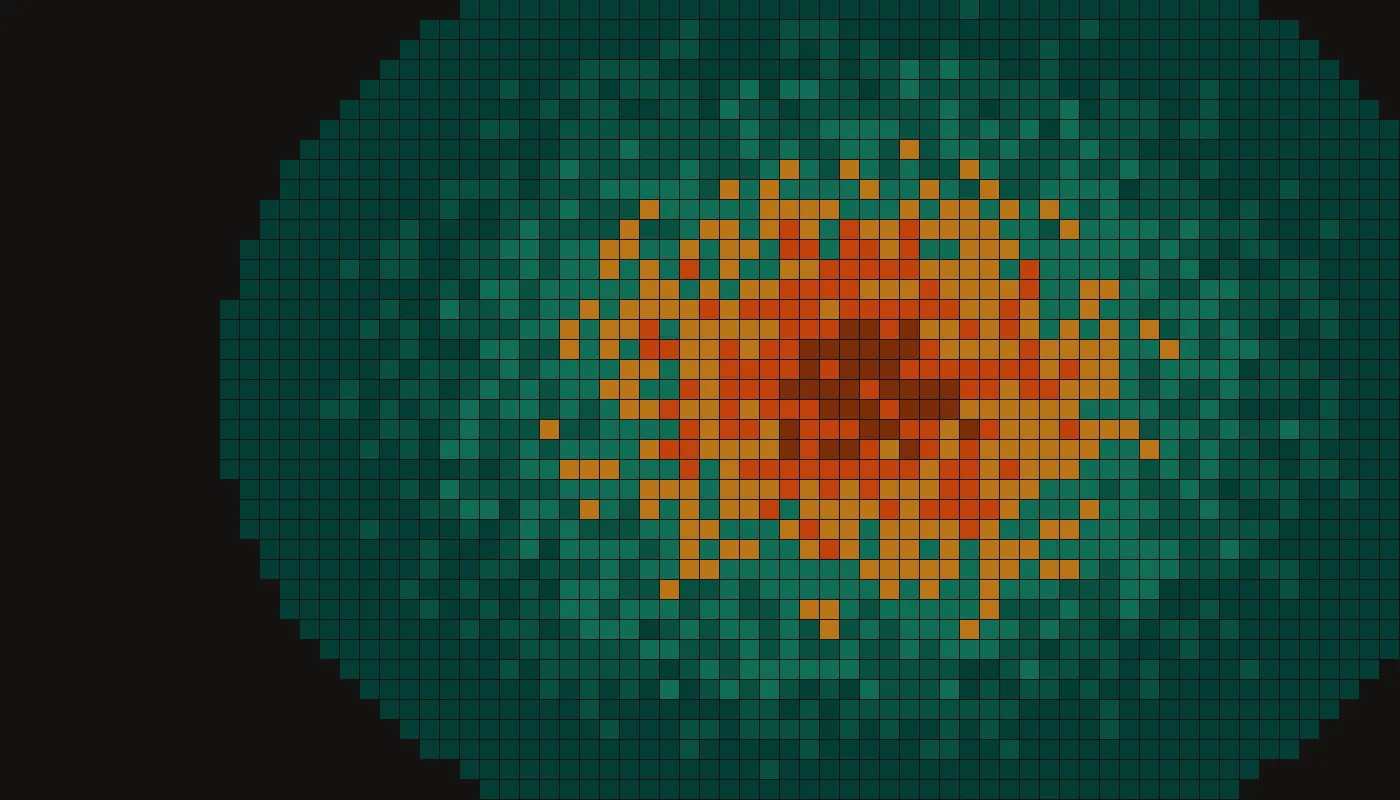 Blocky classified raster in teal, ochre, and ember tones showing simulated burn severity classes.