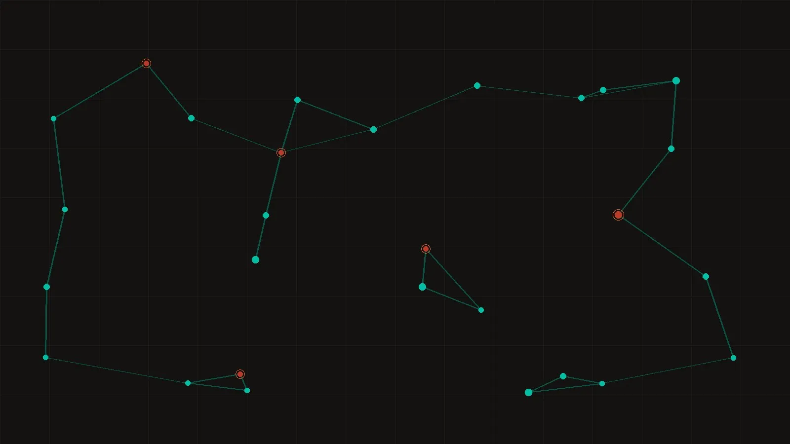 Obsidian canvas of teal infrastructure nodes linked into a network; a few nodes flare orange, ringed, marking assets under an active advisory.