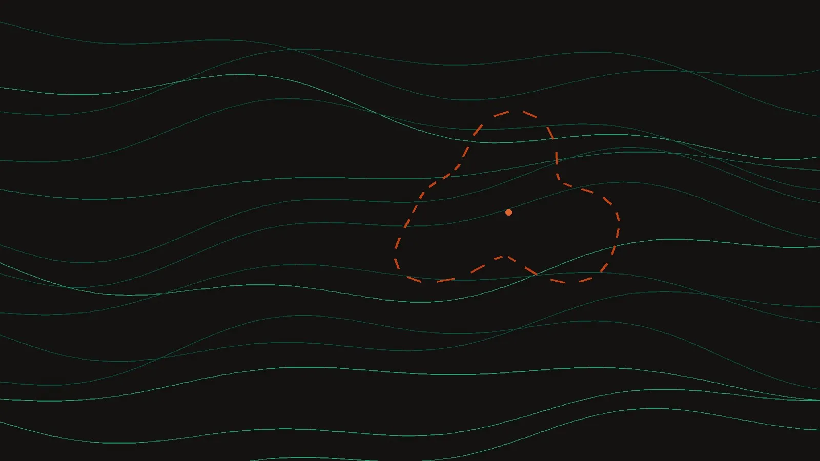 Dark cartographic render of terrain contours in teal with a dashed orange fire perimeter.