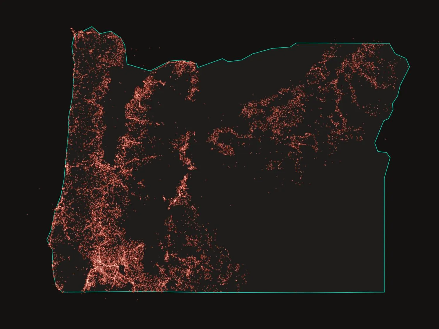 Oregon's outline in teal on a near-black background, its western half traced in thousands of glowing ember-colored points, each one a recorded fire ignition.
