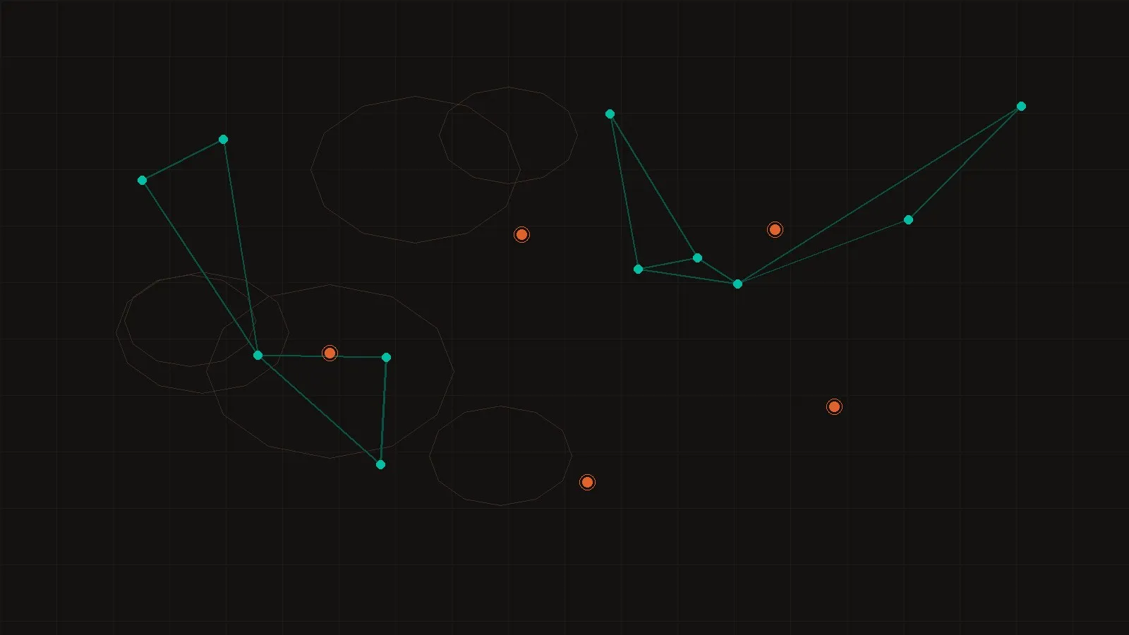 Obsidian map-like field with teal infrastructure points linked by a faint network, a few orange hyperscaler markers ringed, and faint hazard polygons underneath — many layers over one geography.