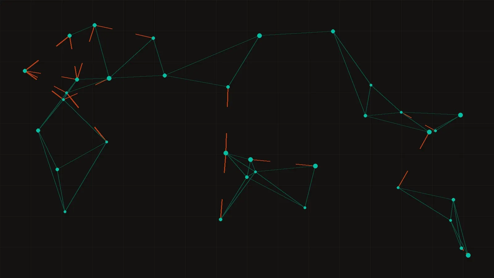 Obsidian canvas with a network of teal nodes; most links are faint teal, while a quarter are severed, ending in orange stubs with a gap at the midpoint.