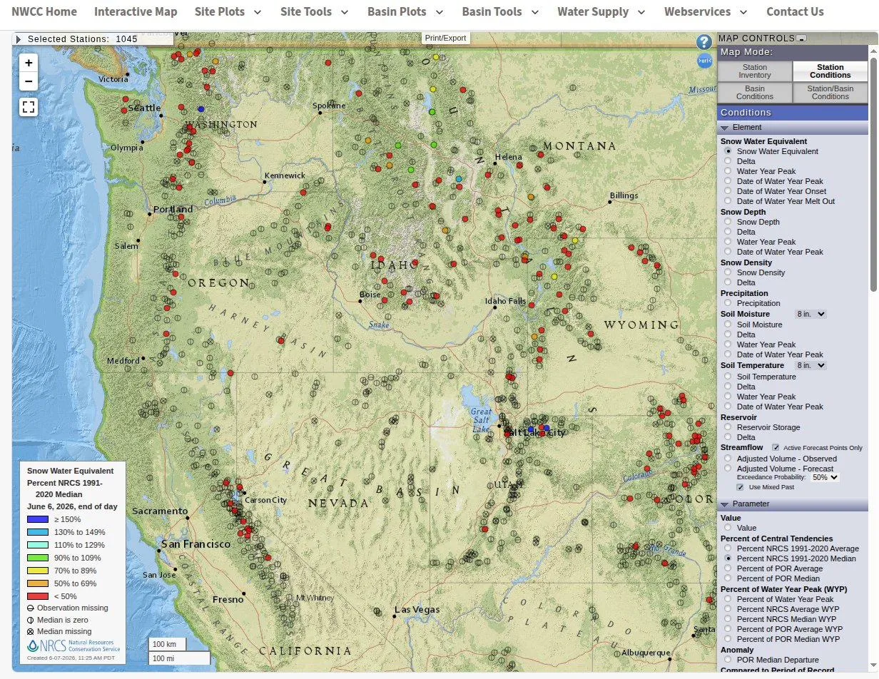 Screenshot of the NRCS interactive snow water equivalent map for the western United States, dated June 6, 2026. Nearly every monitoring station across Oregon and the West shows red, indicating less than 50 percent of the 1991–2020 median.
