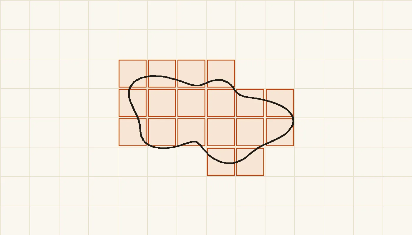 Diagram on parchment: an irregular dark fire outline overlaid on a coarse grid, with every grid cell touching the fire highlighted in ember. The highlighted blocky area is much larger and cruder than the outline.